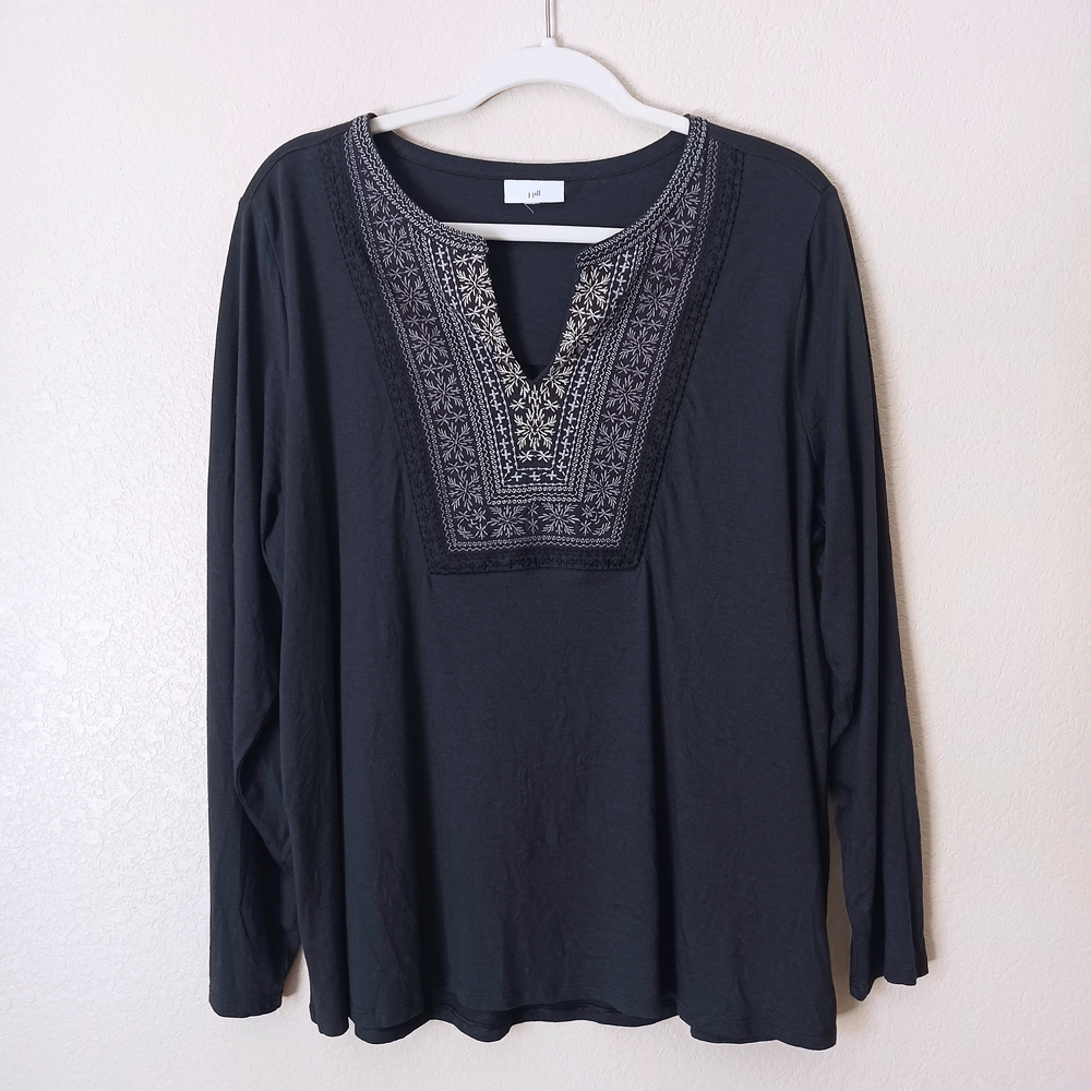 J.Jill Large Fair Isle Embroidered Split Neck Long Sleeve Shirt Modal Blend Gray